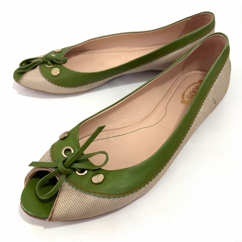 Tod’s Peep Toe Flats Slip On Women’s Shoes Size 9 Green Beige